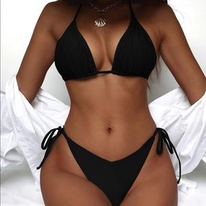 SHEIN Black String Bikini Ruched Top-M